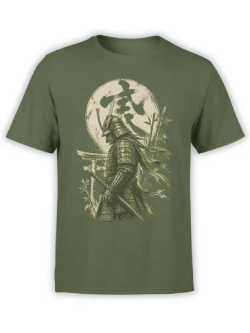 Olive green T-shirt with an armored samurai, sword, full moon, bamboo, and traditional gate artwork