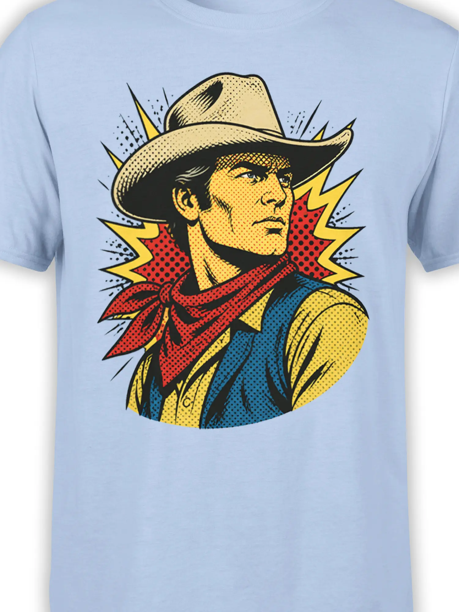 Close-up of the vintage cowboy graphic with a wide-brimmed hat, red bandana, blue vest, and yellow lightning bolts