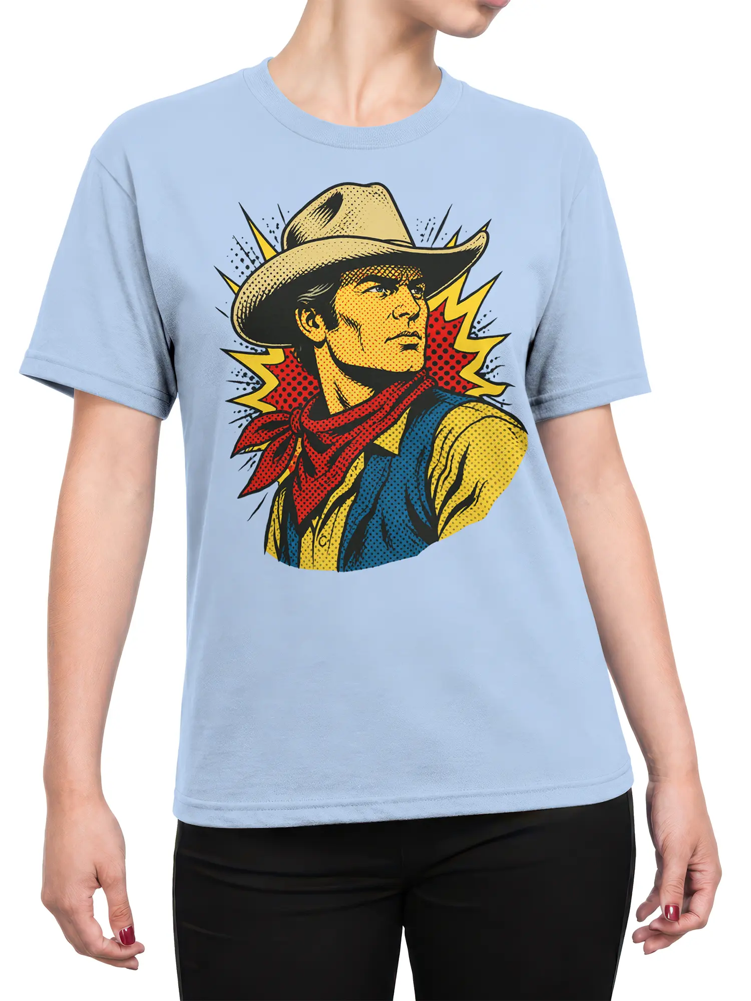 Female torso wearing a light blue T-shirt with a colorful vintage pop-art cowboy portrait and lightning bolts