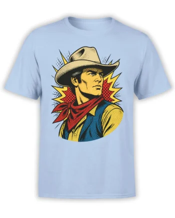 Light blue T-shirt featuring a vintage pop-art cowboy portrait with a hat, red bandana, vest, and lightning bolts
