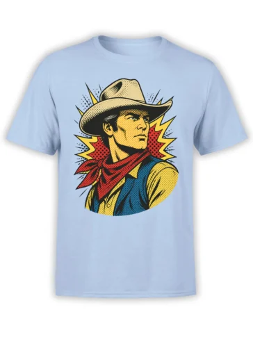 Light blue T-shirt featuring a vintage pop-art cowboy portrait with a hat, red bandana, vest, and lightning bolts