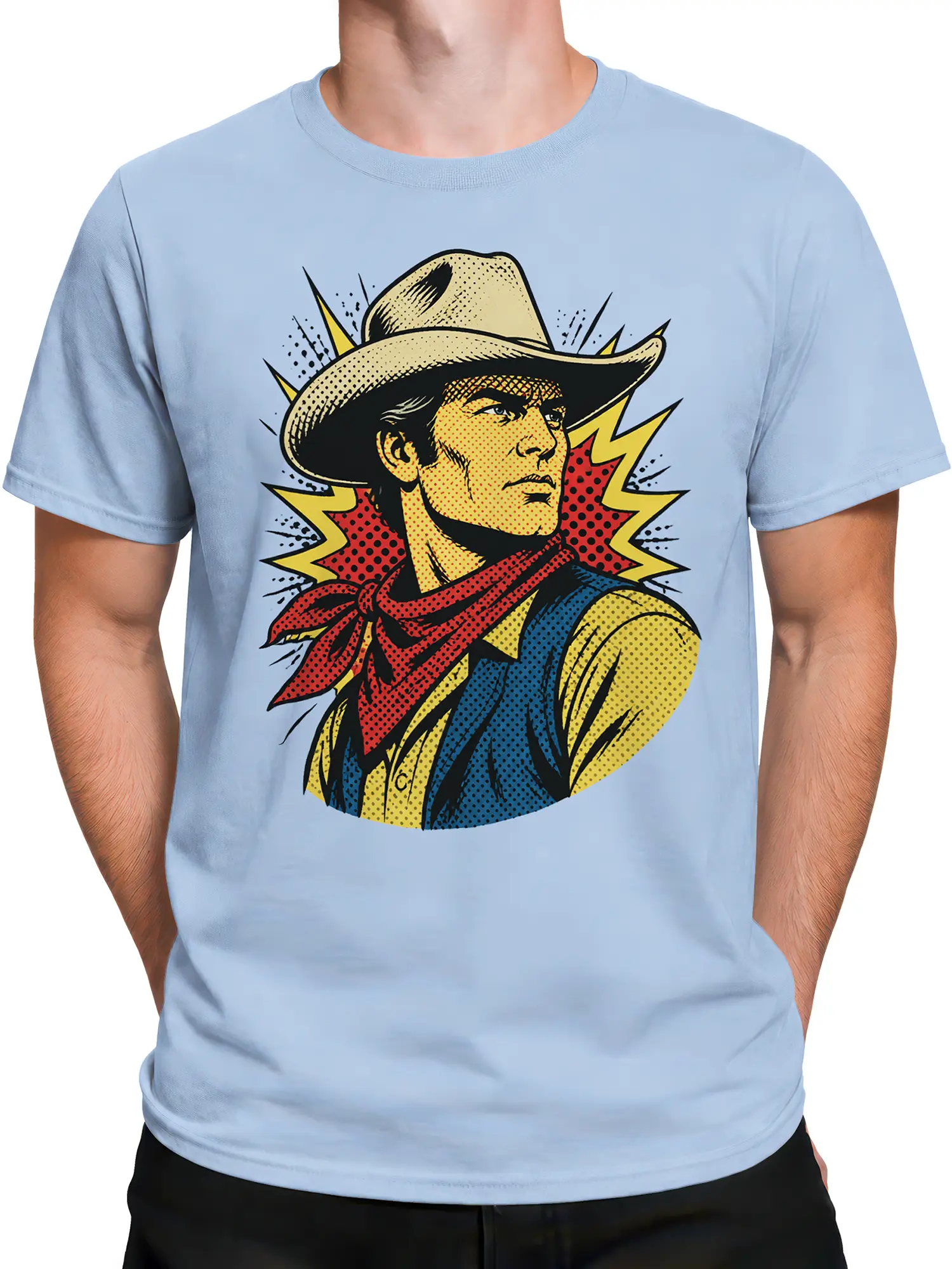 Male torso wearing a light blue Western T-shirt with a vintage cowboy portrait, red bandana, and lightning bolts