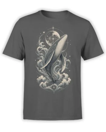 Gray whale graphic tee with curling waves, a glowing moon, stars, and celestial linework in vintage style