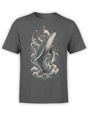 Gray whale graphic tee with curling waves, a glowing moon, stars, and celestial linework in vintage style