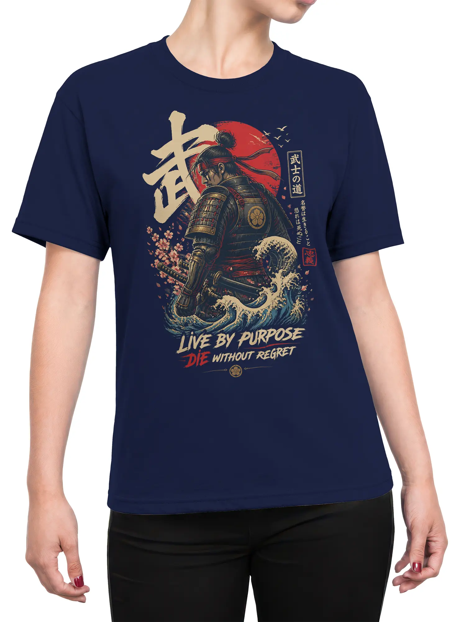 Female torso wearing a navy samurai T-shirt with armored warrior, red sun, waves, and cherry blossoms