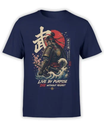 Navy samurai t-shirt with armored warrior, katana, red sun, ocean waves, and cherry blossoms