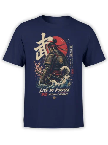 Navy samurai t-shirt with armored warrior, katana, red sun, ocean waves, and cherry blossoms