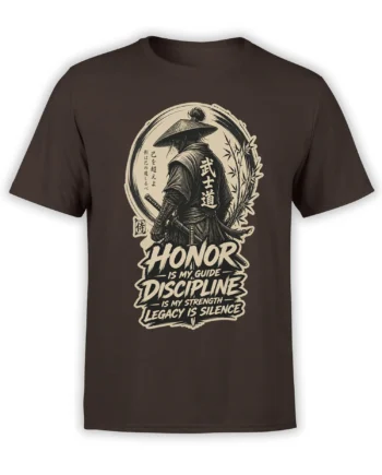 Samurai warrior with sword, bamboo, Japanese characters, and honor lettering on a dark brown T-shirt