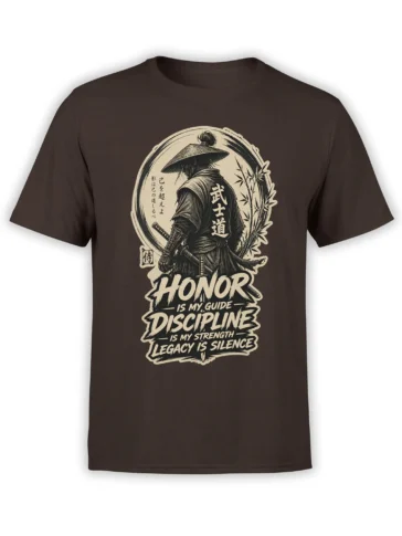Samurai warrior with sword, bamboo, Japanese characters, and honor lettering on a dark brown T-shirt