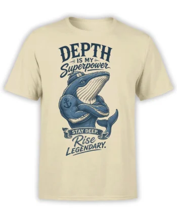 Vintage blue whale graphic on a beige T-shirt with sailor cap, anchor detail, and bold nautical lettering