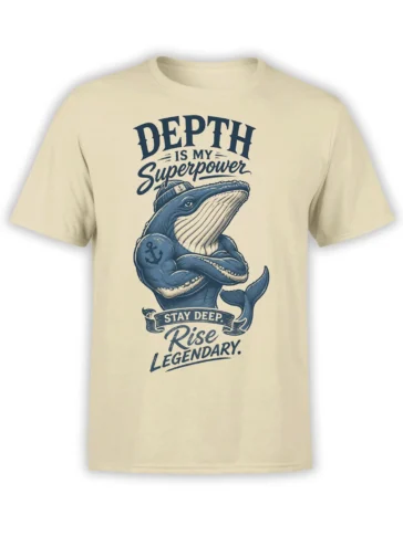 Vintage blue whale graphic on a beige T-shirt with sailor cap, anchor detail, and bold nautical lettering