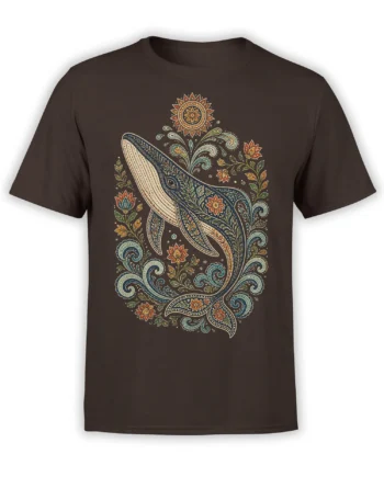 Brown T-shirt featuring an ornamental whale with paisley curls, flowers, and a radiant sun motif