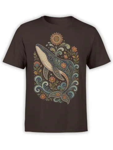 Brown T-shirt featuring an ornamental whale with paisley curls, flowers, and a radiant sun motif