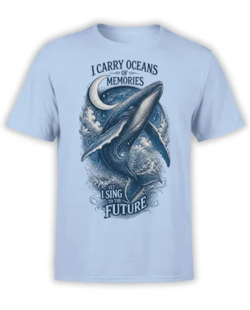 Light blue whale T-shirt with moonlit waves, crescent moon, stars, and the message I carry oceans of memories
