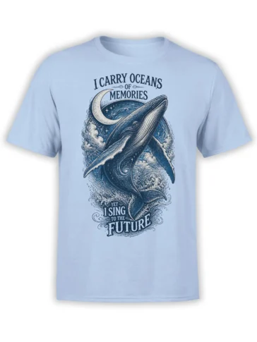 Light blue whale T-shirt with moonlit waves, crescent moon, stars, and the message I carry oceans of memories