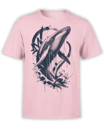 Pink T-shirt with a dark ink breaching whale rising through crashing ocean waves