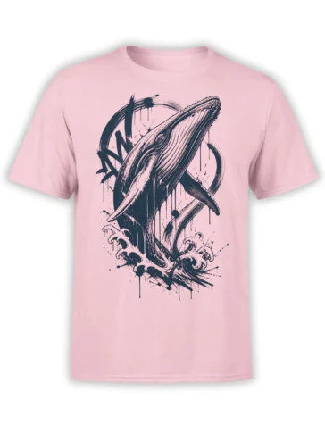 Pink T-shirt with a dark ink breaching whale rising through crashing ocean waves