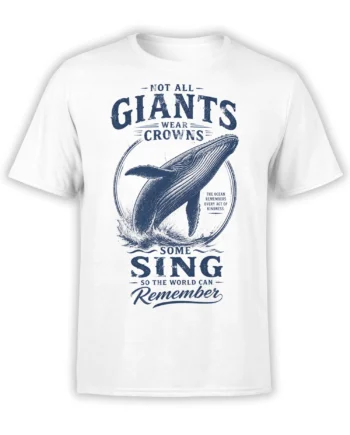 White whale T-shirt with vintage navy artwork and the message Not All Giants Wear Crowns