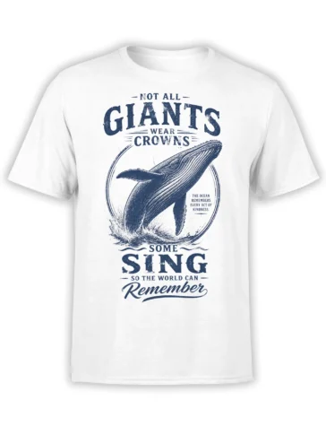White whale T-shirt with vintage navy artwork and the message Not All Giants Wear Crowns