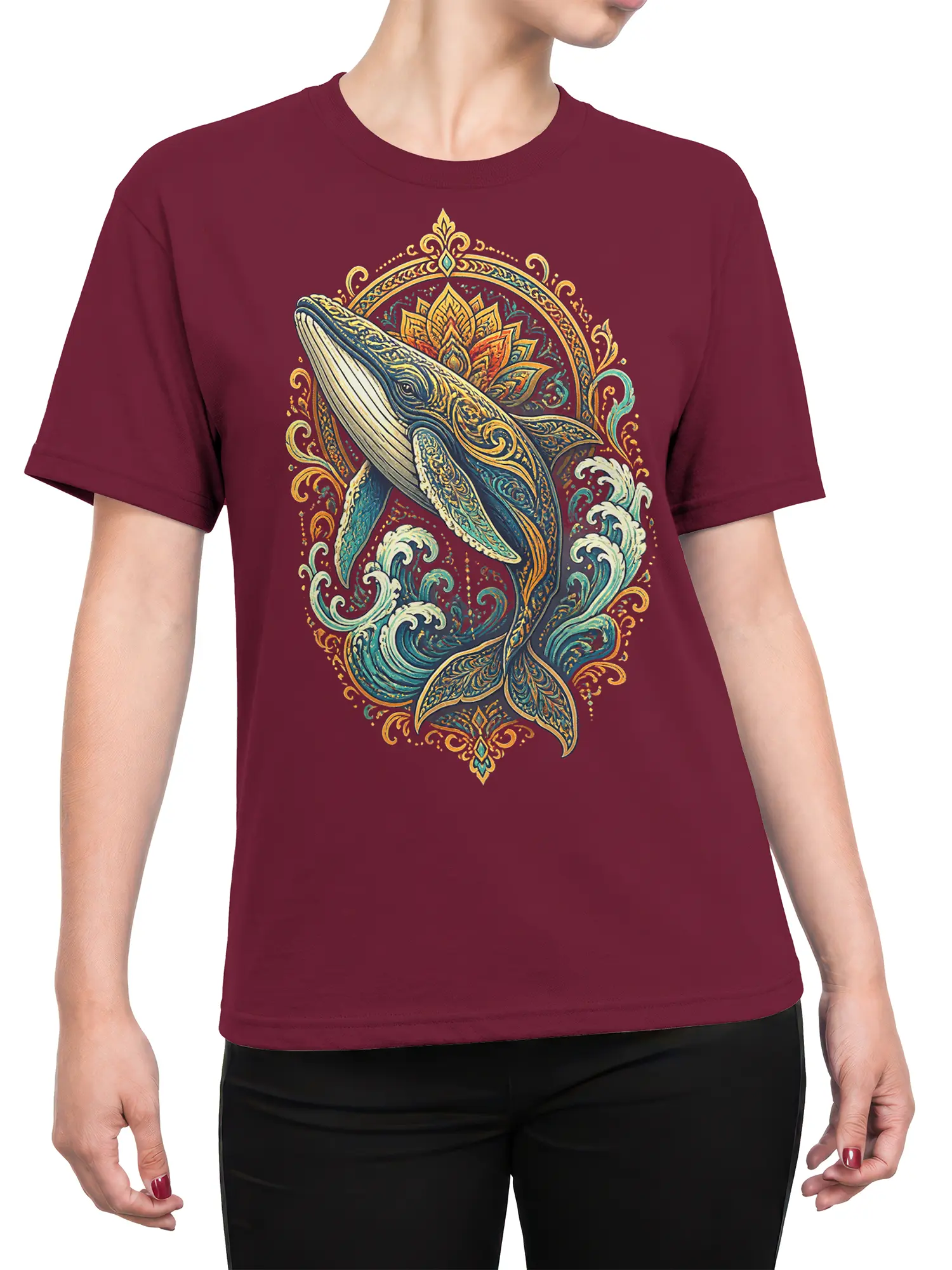 Female torso wearing a maroon T-shirt with an ornate whale and ocean wave mandala design