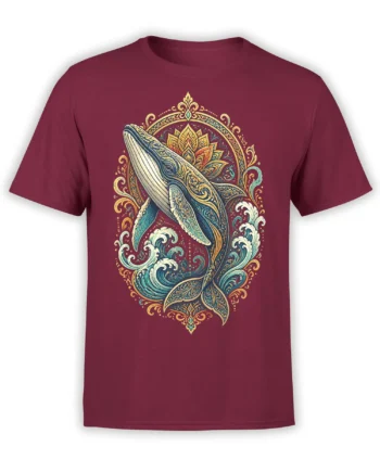 Ornate whale rising through curling waves and a lotus-like mandala on a maroon T-shirt