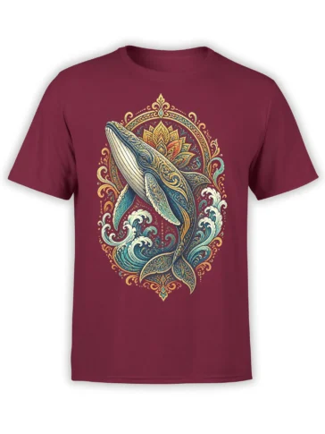 Ornate whale rising through curling waves and a lotus-like mandala on a maroon T-shirt