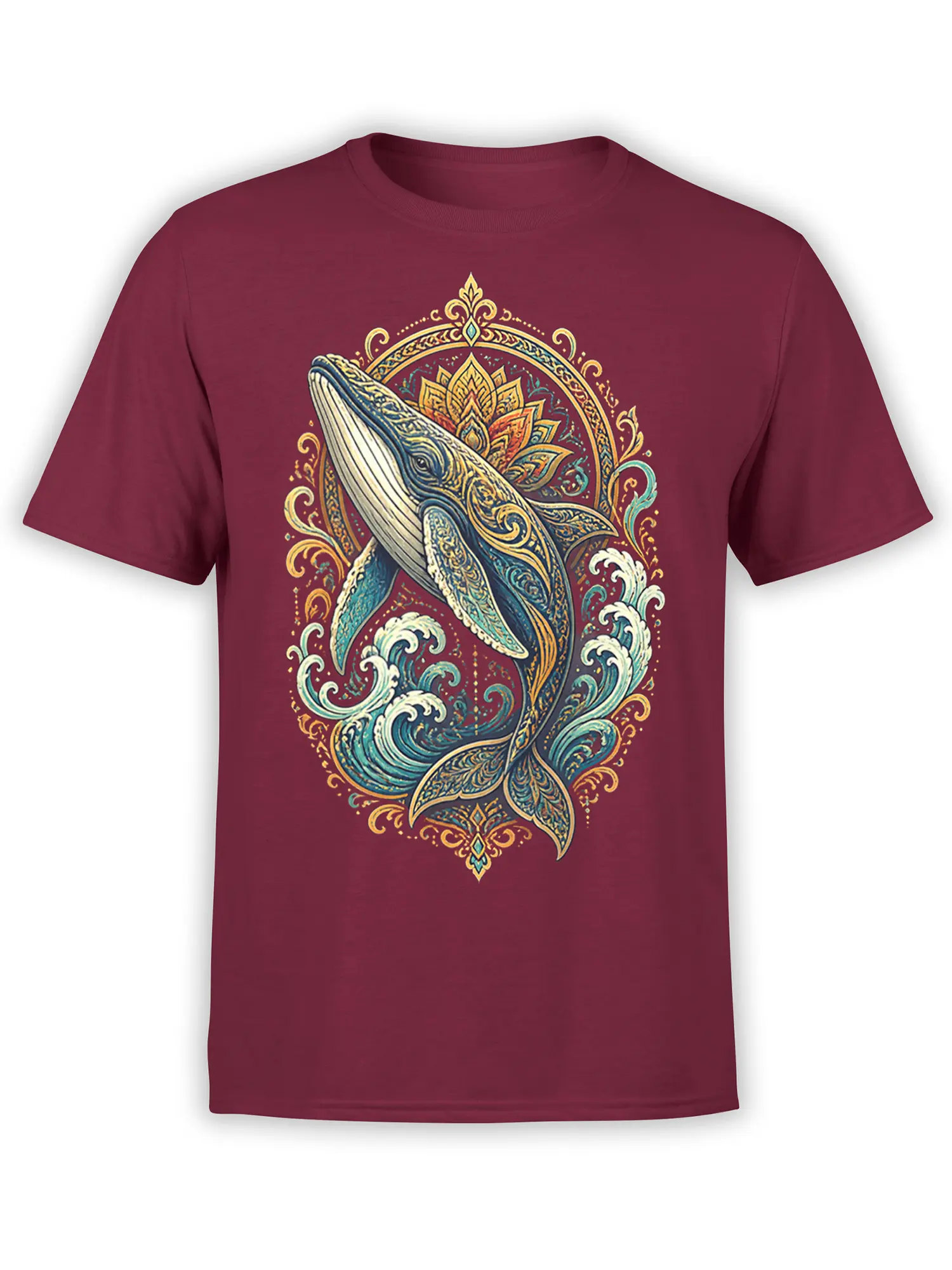 Ornate whale rising through curling waves and a lotus-like mandala on a maroon T-shirt