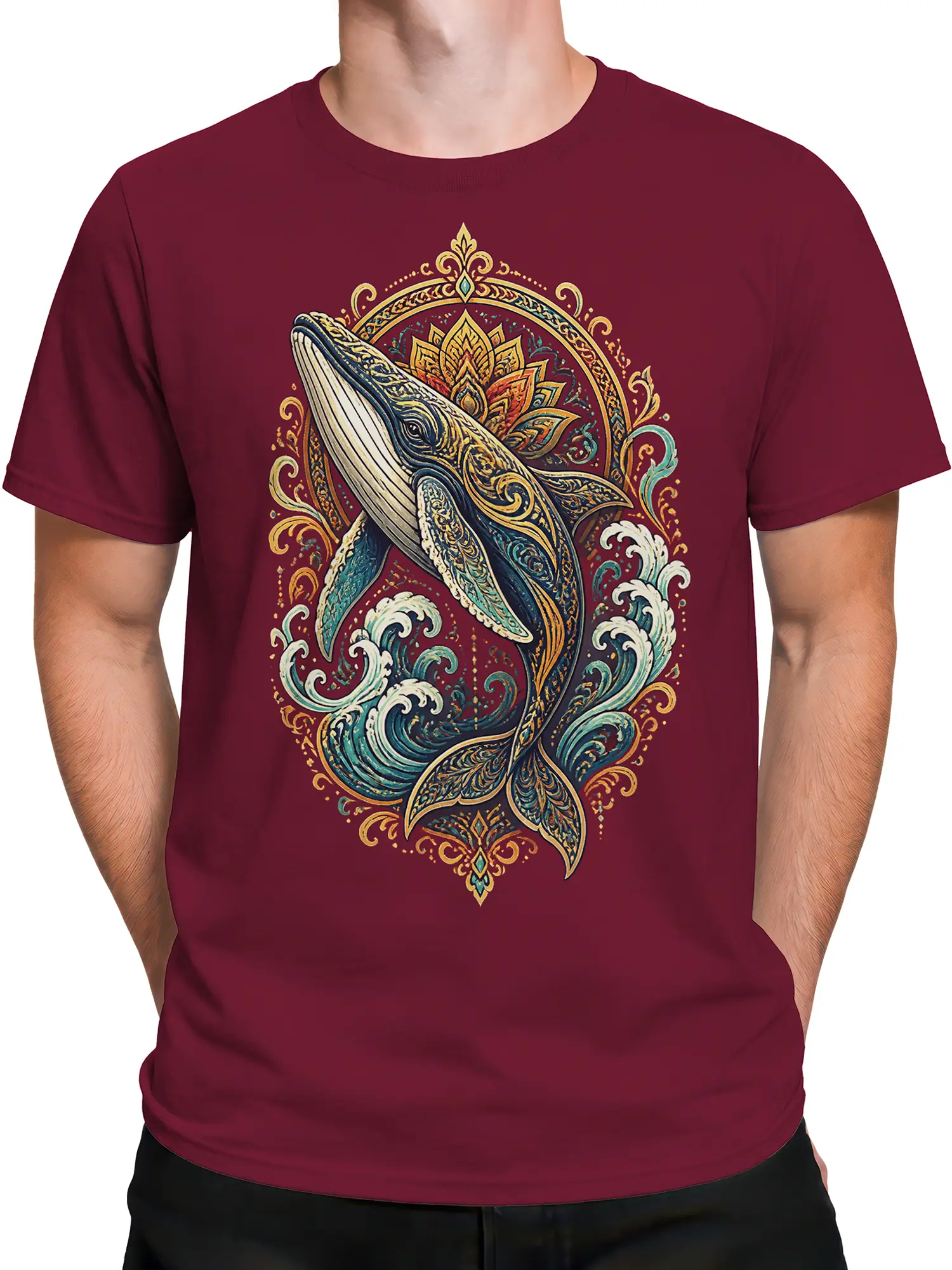 Male torso wearing a maroon T-shirt with a detailed whale and decorative ocean artwork