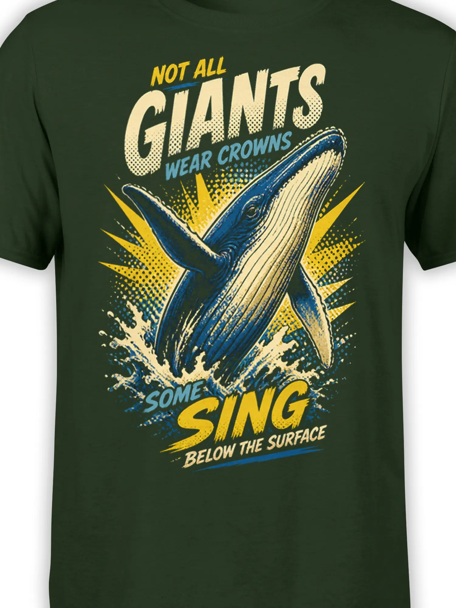 Close-up of blue breaching whale, crashing waves, yellow bursts, and vintage lettering on a dark green shirt