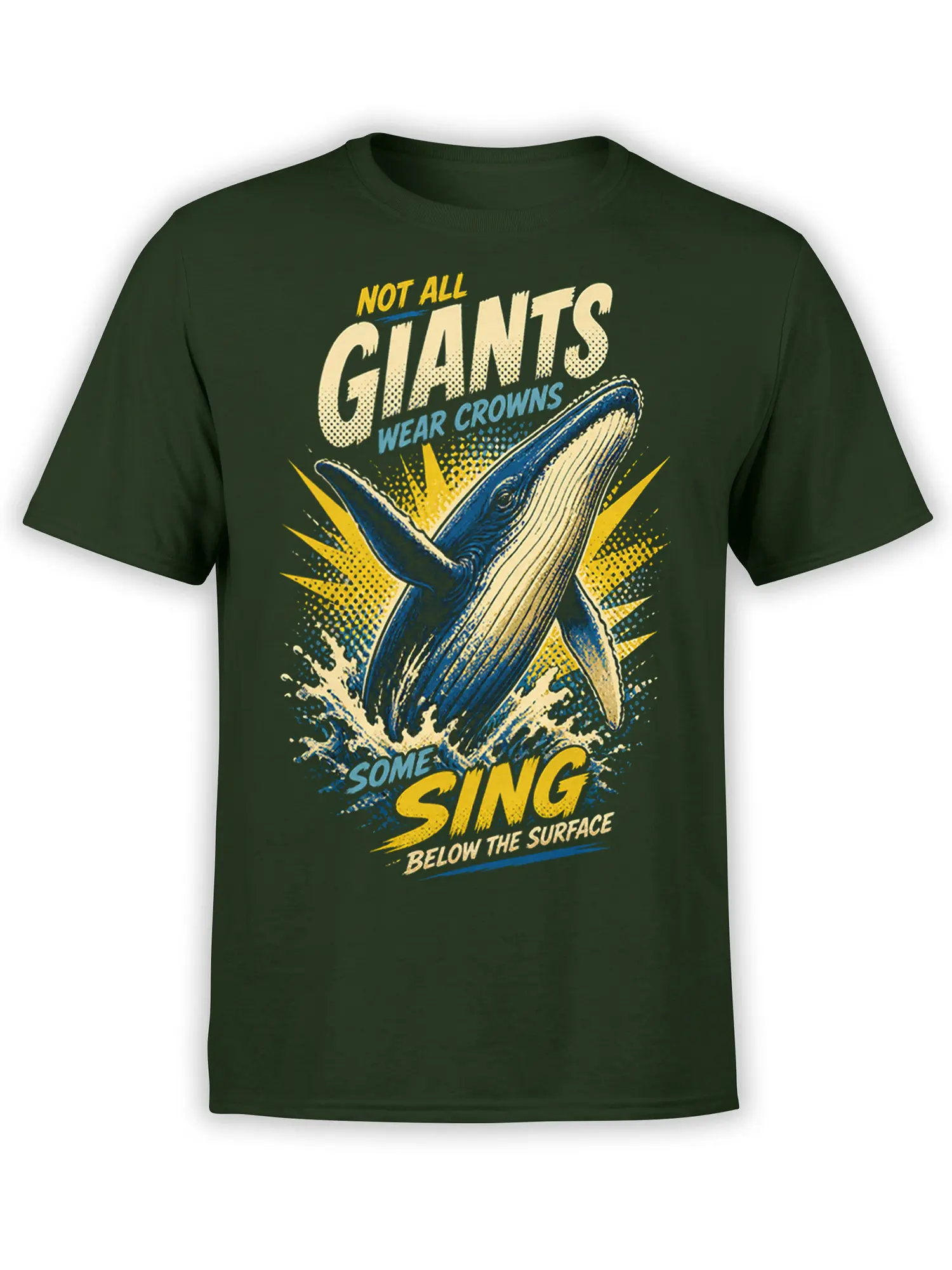 Dark green whale T-shirt with retro blue wave artwork and bold lettering about giants and singing below the surface