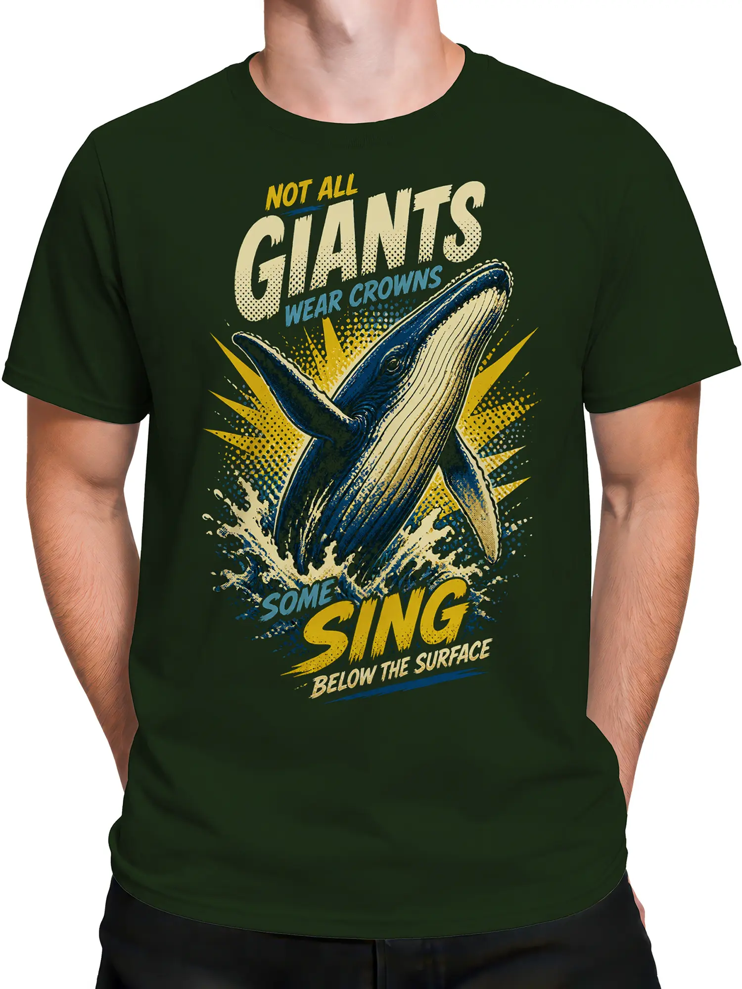 Male torso wearing a dark green whale T-shirt with a vintage ocean graphic and bold below-the-surface lettering