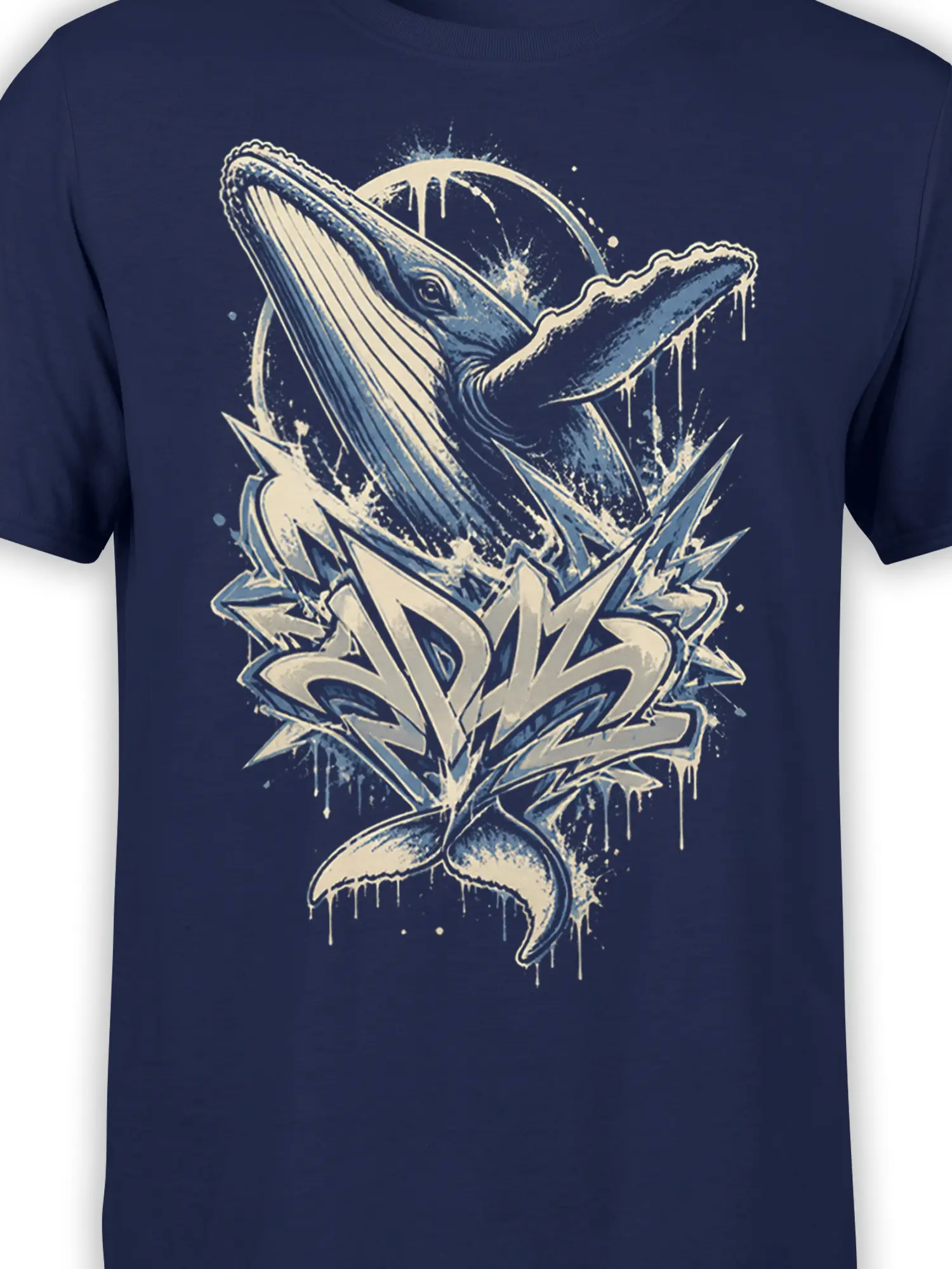 Close-up of two whales and sharp ocean waves in a blue and cream shirt graphic