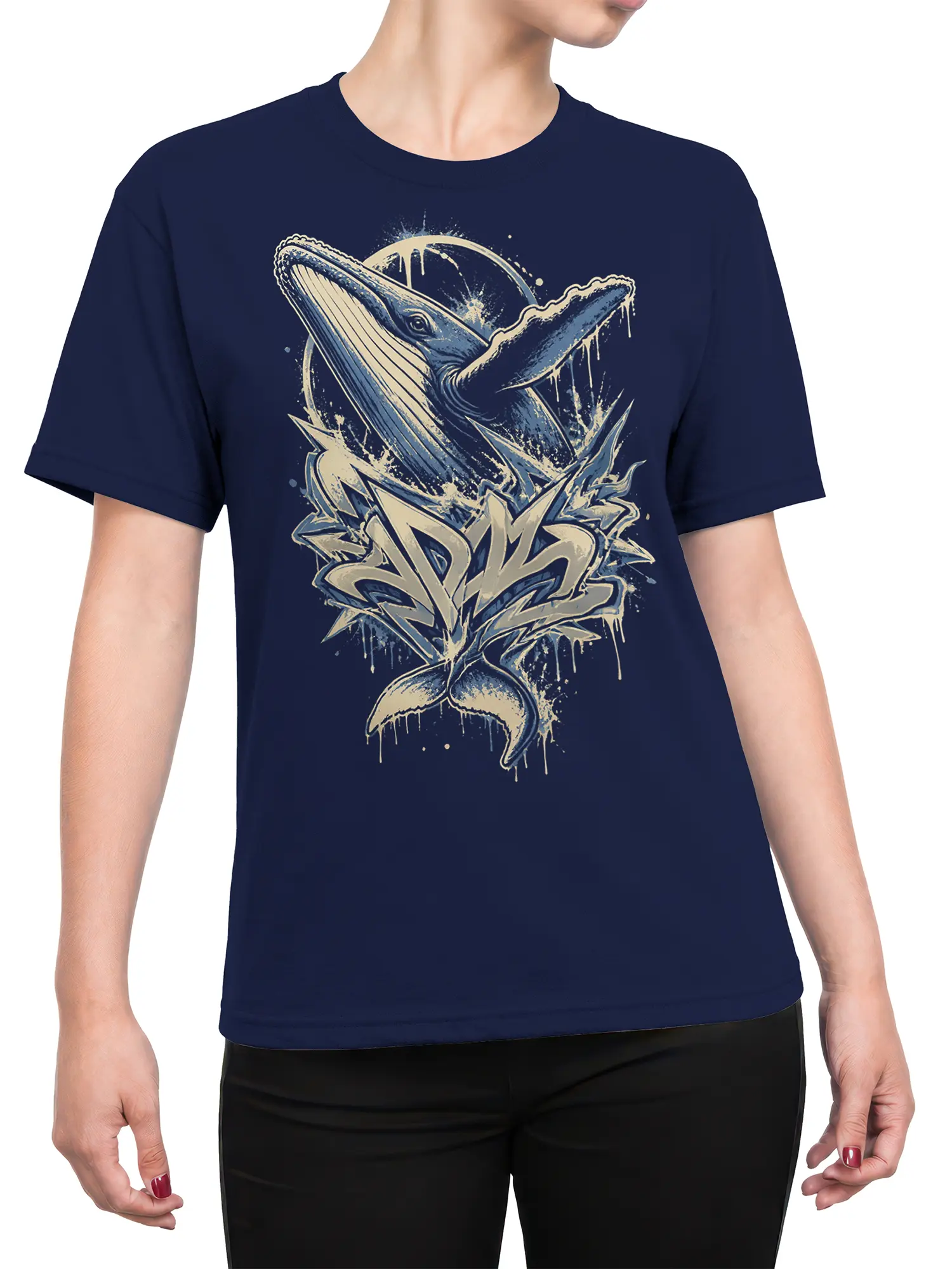 Female torso wearing a navy blue T-shirt with a dramatic two-whale ocean graphic