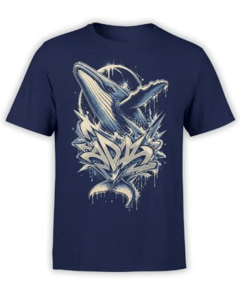 Two whales rise through crashing waves on a navy blue vintage ocean graphic T-shirt