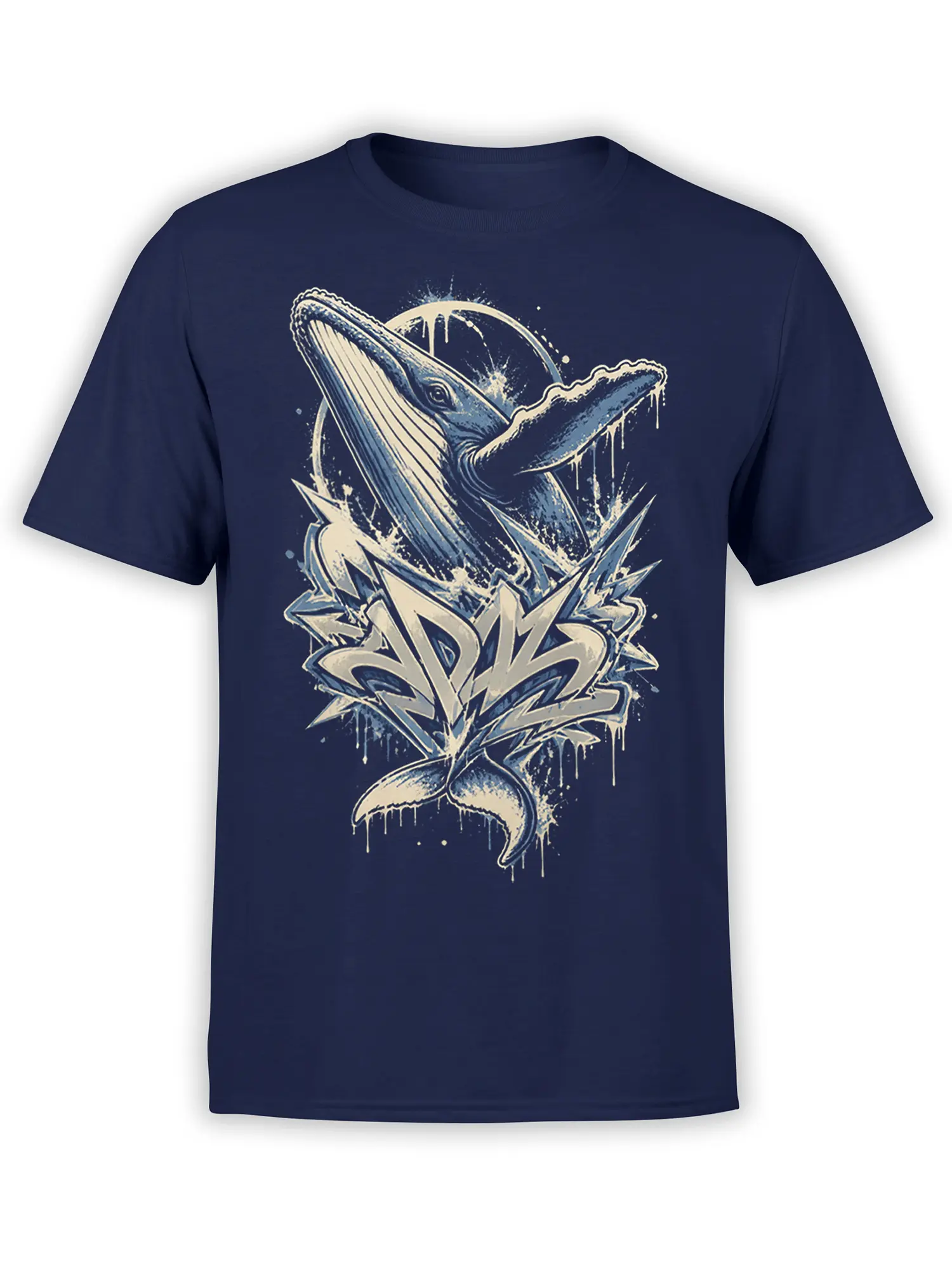 Two whales rise through crashing waves on a navy blue vintage ocean graphic T-shirt
