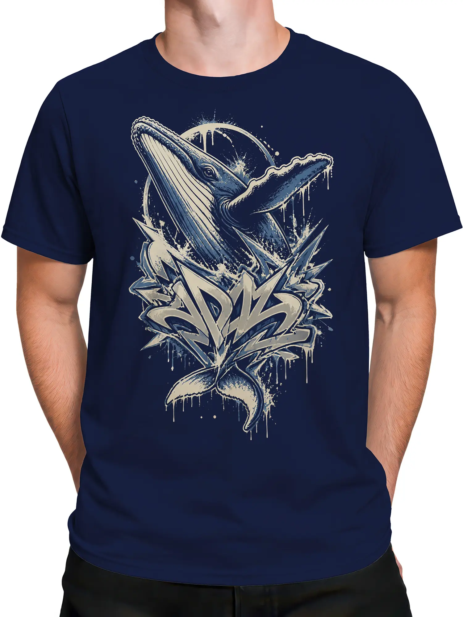 Male torso wearing a navy blue whale T-shirt with vintage ocean artwork