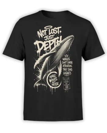 Black T-shirt with a detailed whale graphic, cream distressed lettering, and the message Make Waves Not Noise