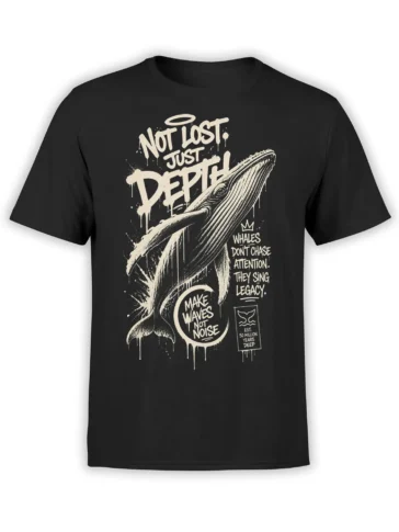 Black T-shirt with a detailed whale graphic, cream distressed lettering, and the message Make Waves Not Noise