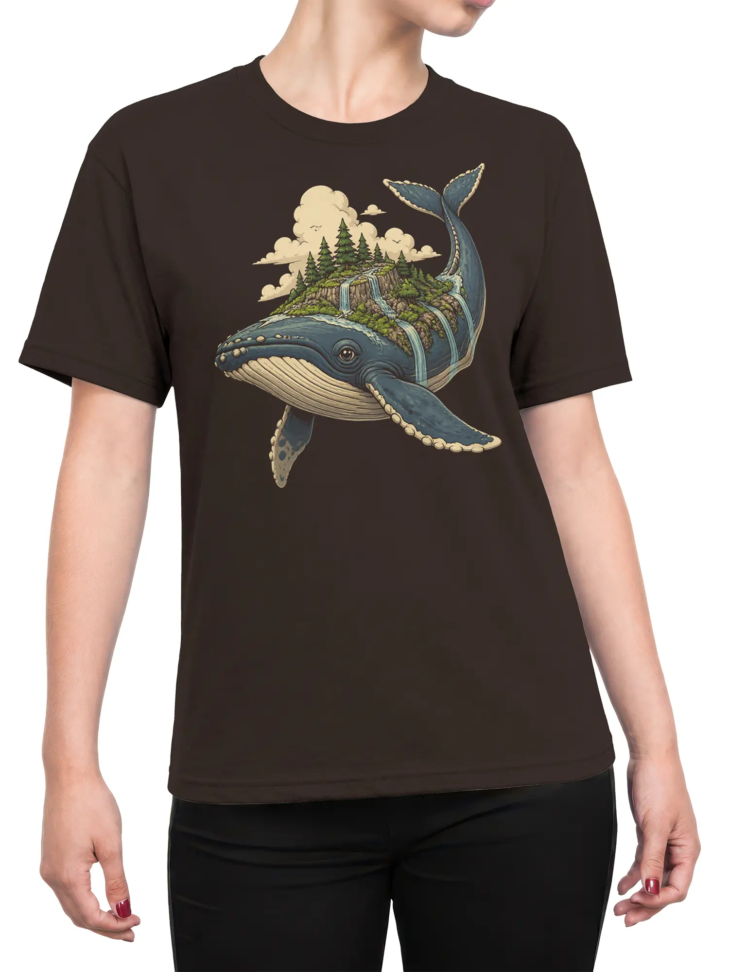 Female torso wearing a brown whale graphic tee with a forested island and waterfalls on the whale’s back