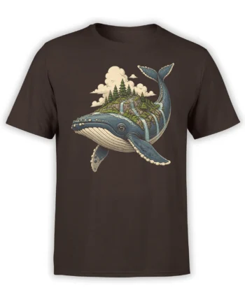 Brown whale t-shirt featuring a blue whale carrying a forested island with waterfalls and evergreen trees