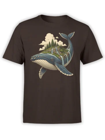 Brown whale t-shirt featuring a blue whale carrying a forested island with waterfalls and evergreen trees