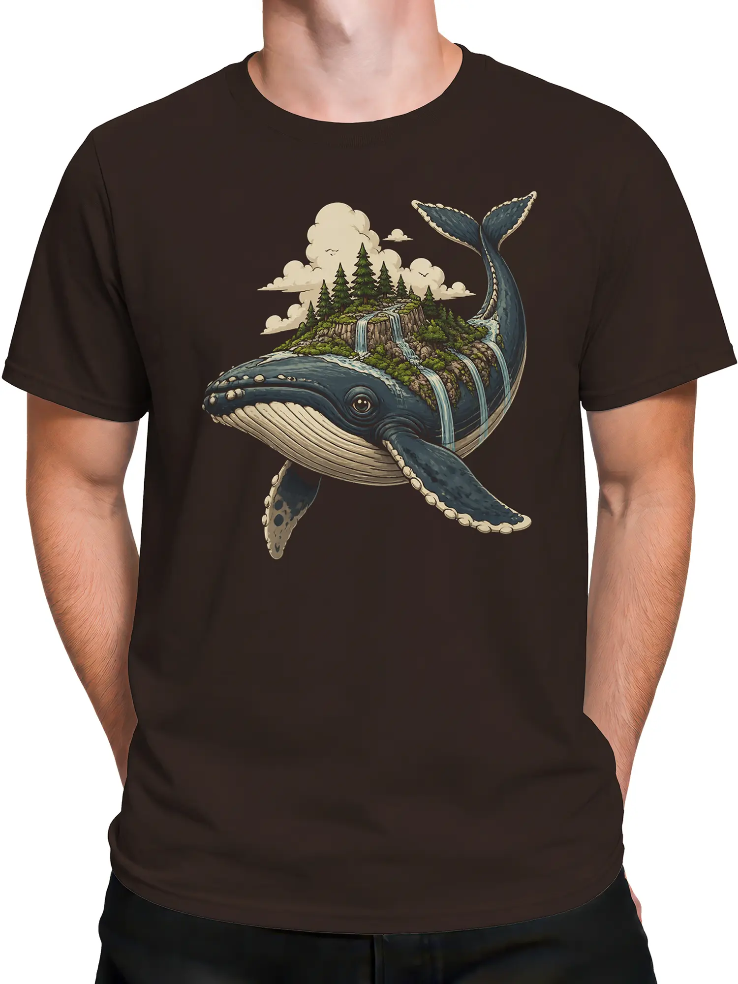 Male torso wearing a brown whale t-shirt with a blue whale carrying a green island landscape