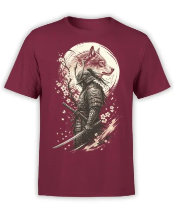Samurai wolf graphic with swords, cherry blossoms, and a pale moon on a burgundy T-shirt