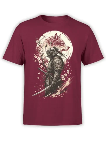 Samurai wolf graphic with swords, cherry blossoms, and a pale moon on a burgundy T-shirt