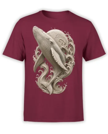 Ornate cream whale rising through curling waves on a burgundy T-shirt