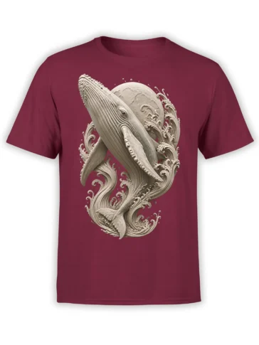 Ornate cream whale rising through curling waves on a burgundy T-shirt
