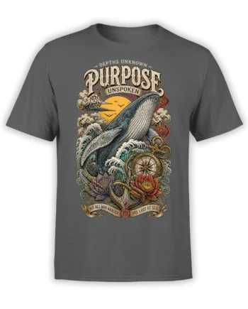 Vintage whale compass graphic on a dark gray T-shirt with waves, moon, rope, and flowers
