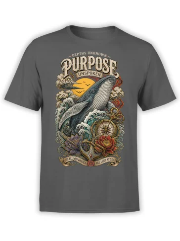 Vintage whale compass graphic on a dark gray T-shirt with waves, moon, rope, and flowers