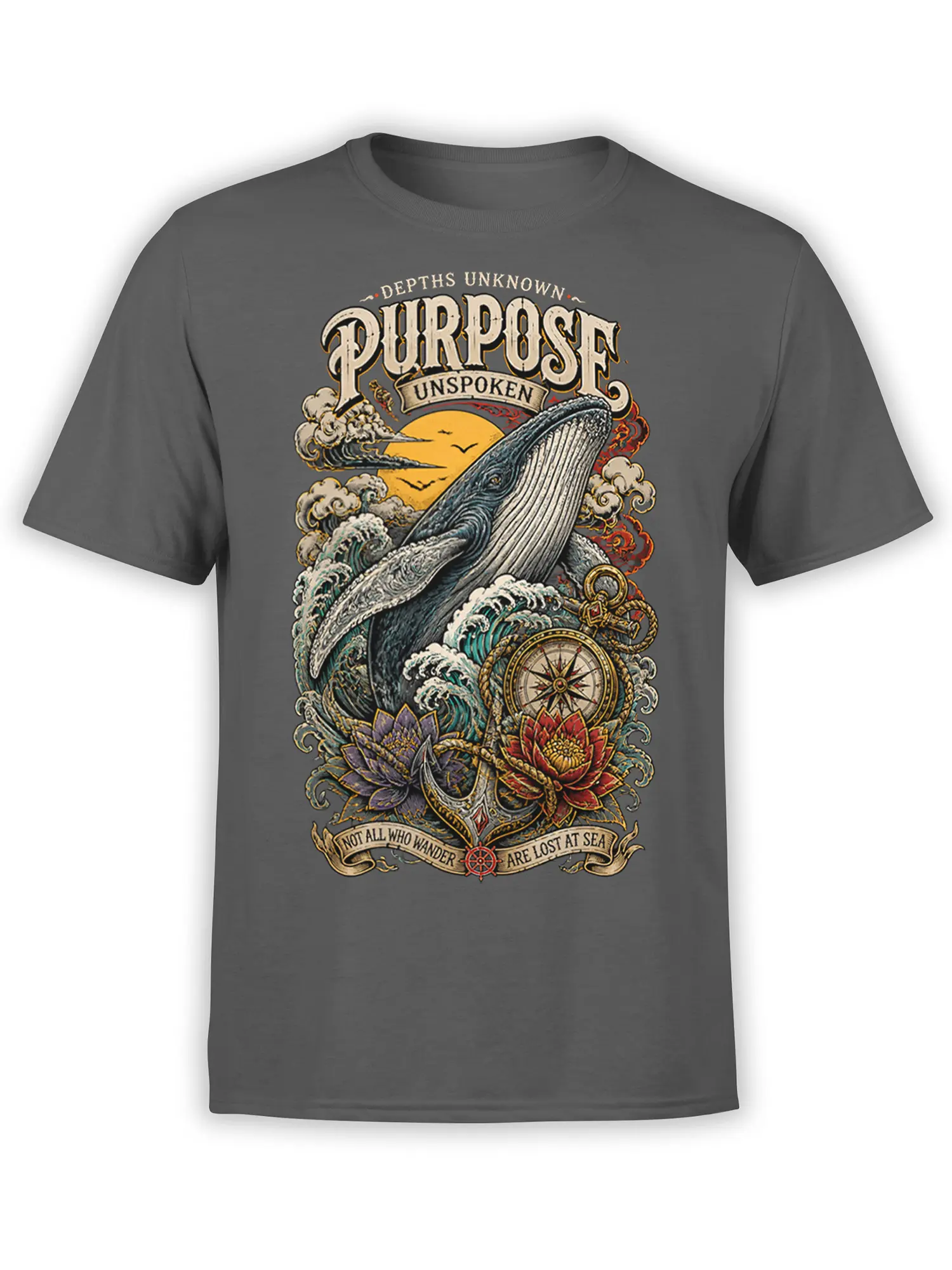 Vintage whale compass graphic on a dark gray T-shirt with waves, moon, rope, and flowers