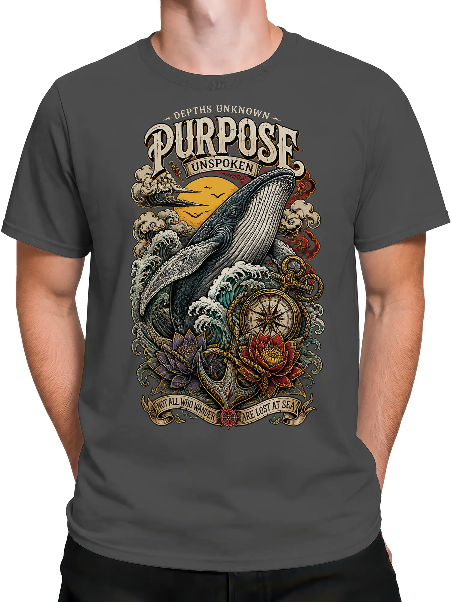 Male torso wearing a dark gray whale compass T-shirt with waves, flowers, and vintage nautical artwork